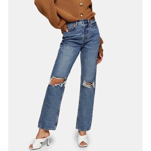 Topshop Medium Wash Distressed Ripped Straight Leg Dad Jeans - Picture 1 of 6